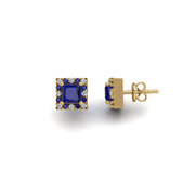 Cosmic Stud Earrings - Halo - Blue Sapphire Princess