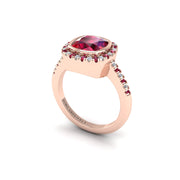 Ruby Halo Ring in Cushion Cut 18k rose gold, Zodiac Birthstone Ring, designed for women, perfect astrology jewelry from Celestial Vibe collection at AUWL Assembly