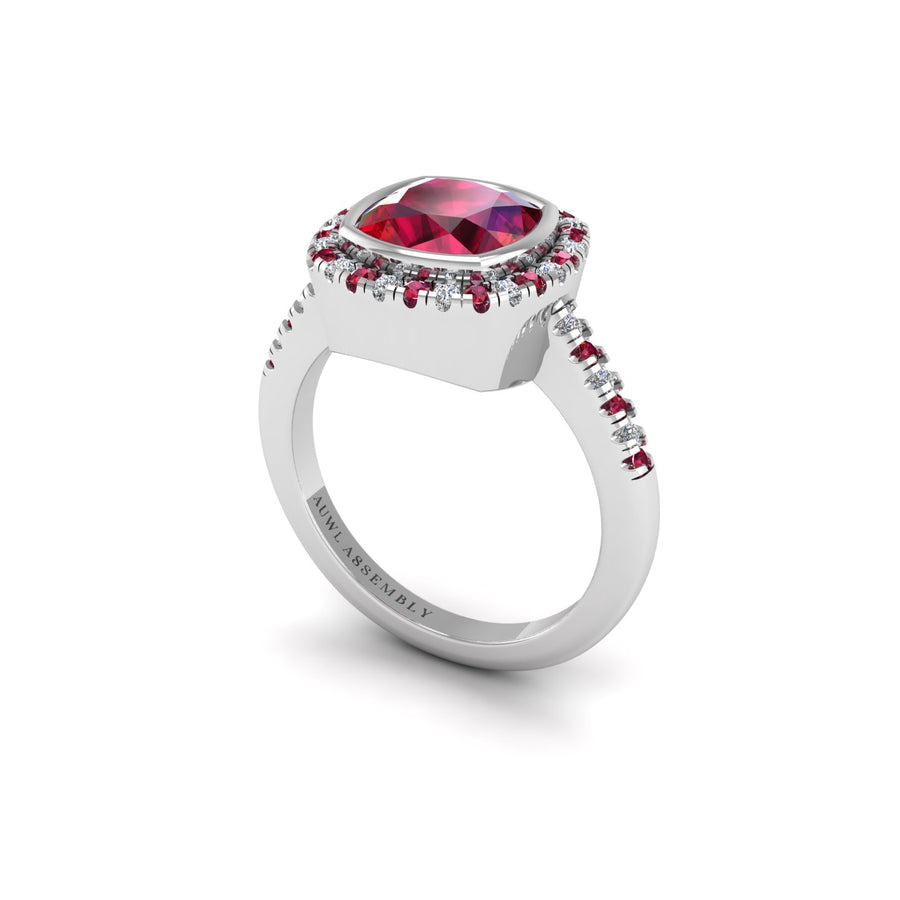 Ruby Halo Ring in Cushion Cut 18k white gold, Zodiac Birthstone Ring, designed for women, perfect astrology jewelry from Celestial Vibe collection at AUWL Assembly