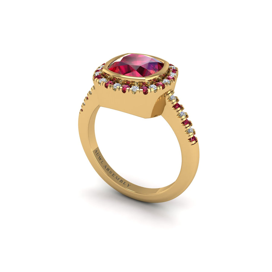 Ruby Halo Ring in Cushion Cut 18k yellow gold, Zodiac Birthstone Ring, designed for women, perfect astrology jewelry from Celestial Vibe collection at AUWL Assembly