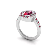 Ruby Halo Ring in Oval Cut 18k white gold, Zodiac Birthstone Ring, designed for women, perfect astrology jewelry from Celestial Vibe collection at AUWL Assembly