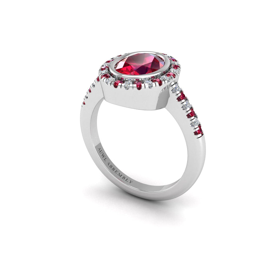 Ruby Halo Ring in Oval Cut 18k white gold, Zodiac Birthstone Ring, designed for women, perfect astrology jewelry from Celestial Vibe collection at AUWL Assembly