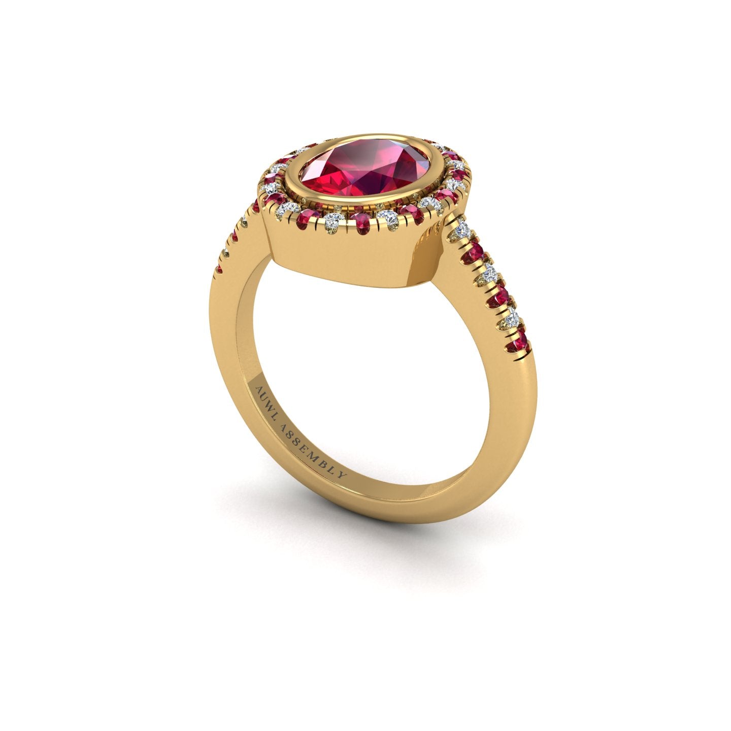 Ruby Halo Ring in Oval Cut 18k yellow gold, Zodiac Birthstone Ring, designed for women, perfect astrology jewelry from Celestial Vibe collection at AUWL Assembly