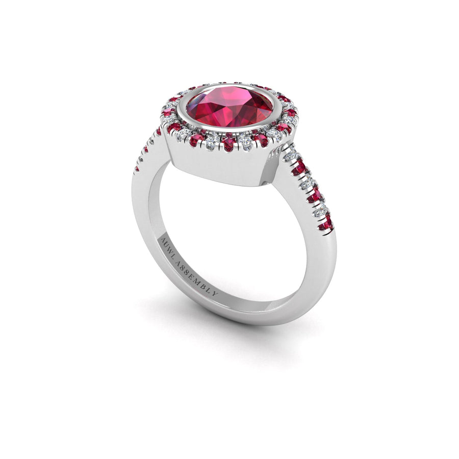 Ruby Halo Ring in Round Cut 18k white gold, Zodiac Birthstone Ring, designed for women, perfect astrology jewelry from Celestial Vibe collection at AUWL Assembly