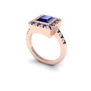 Blue Sapphire Halo Ring in Princess Cut 18k rose gold, Zodiac Birthstone Ring, designed for women, perfect astrology jewelry from Celestial Vibe collection at AUWL Assembly