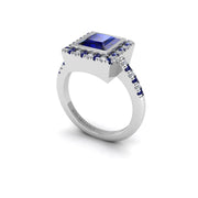 Blue Sapphire Halo Ring in Princess Cut 18k white gold, Zodiac Birthstone Ring, designed for women, perfect astrology jewelry from Celestial Vibe collection at AUWL Assembly