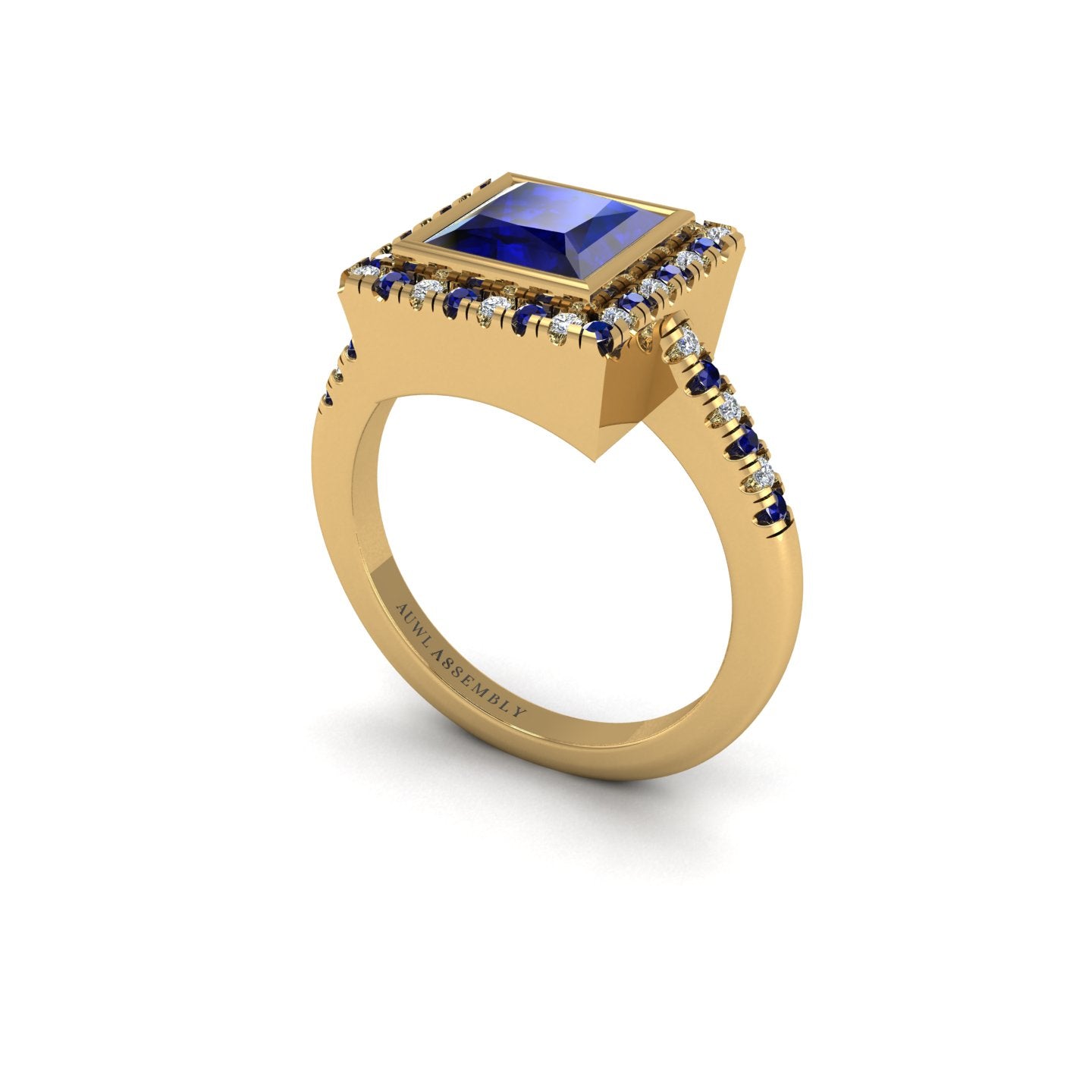 Blue Sapphire Halo Ring in Princess Cut 18k yellow gold, Zodiac Birthstone Ring, designed for women, perfect astrology jewelry from Celestial Vibe collection at AUWL Assembly