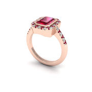 Ruby Halo Ring in Emerald Cut 18k rose gold, Zodiac Birthstone Ring, designed for women, perfect astrology jewelry from Celestial Vibe collection at AUWL Assembly