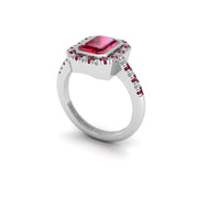 Ruby Halo Ring in Emerald Cut 18k white gold, Zodiac Birthstone Ring, designed for women, perfect astrology jewelry from Celestial Vibe collection at AUWL Assembly