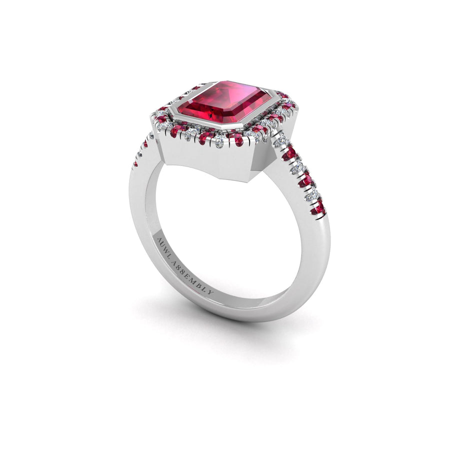 Ruby Halo Ring in Emerald Cut 18k white gold, Zodiac Birthstone Ring, designed for women, perfect astrology jewelry from Celestial Vibe collection at AUWL Assembly