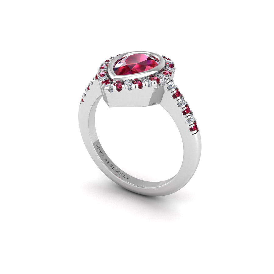 Ruby Halo Ring in Pear Cut 18k white gold, Zodiac Birthstone Ring, designed for women, perfect astrology jewelry from Celestial Vibe collection at AUWL Assembly