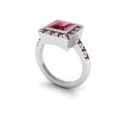 Ruby Halo Ring in Princess Cut 18k white gold, Zodiac Birthstone Ring, designed for women, perfect astrology jewelry from Celestial Vibe collection at AUWL Assembly