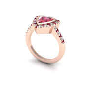 Ruby Halo Ring in Trillion Cut 18k rose gold, Zodiac Birthstone Ring, designed for women, perfect astrology jewelry from Celestial Vibe collection at AUWL Assembly