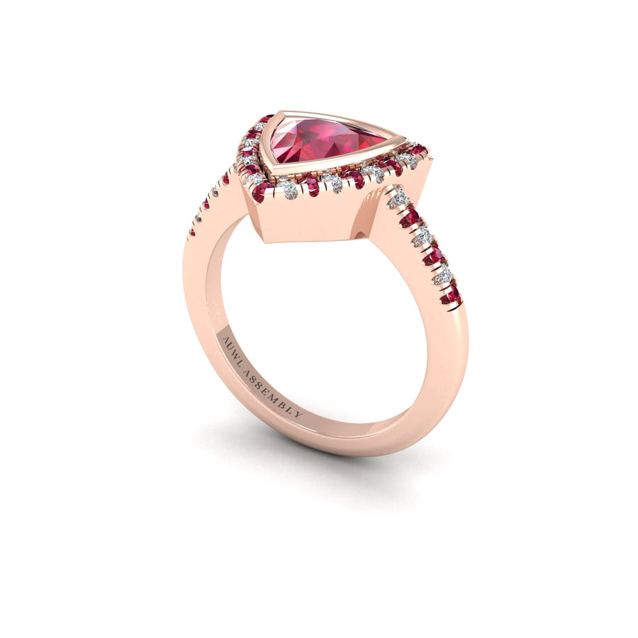 Ruby Halo Ring in Trillion Cut 18k rose gold, Zodiac Birthstone Ring, designed for women, perfect astrology jewelry from Celestial Vibe collection at AUWL Assembly