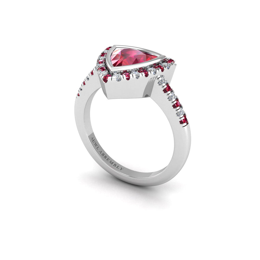 Ruby Halo Ring in Trillion Cut 18k yellow gold, Zodiac Birthstone Ring, designed for women, perfect astrology jewelry from Celestial Vibe collection at AUWL Assembly