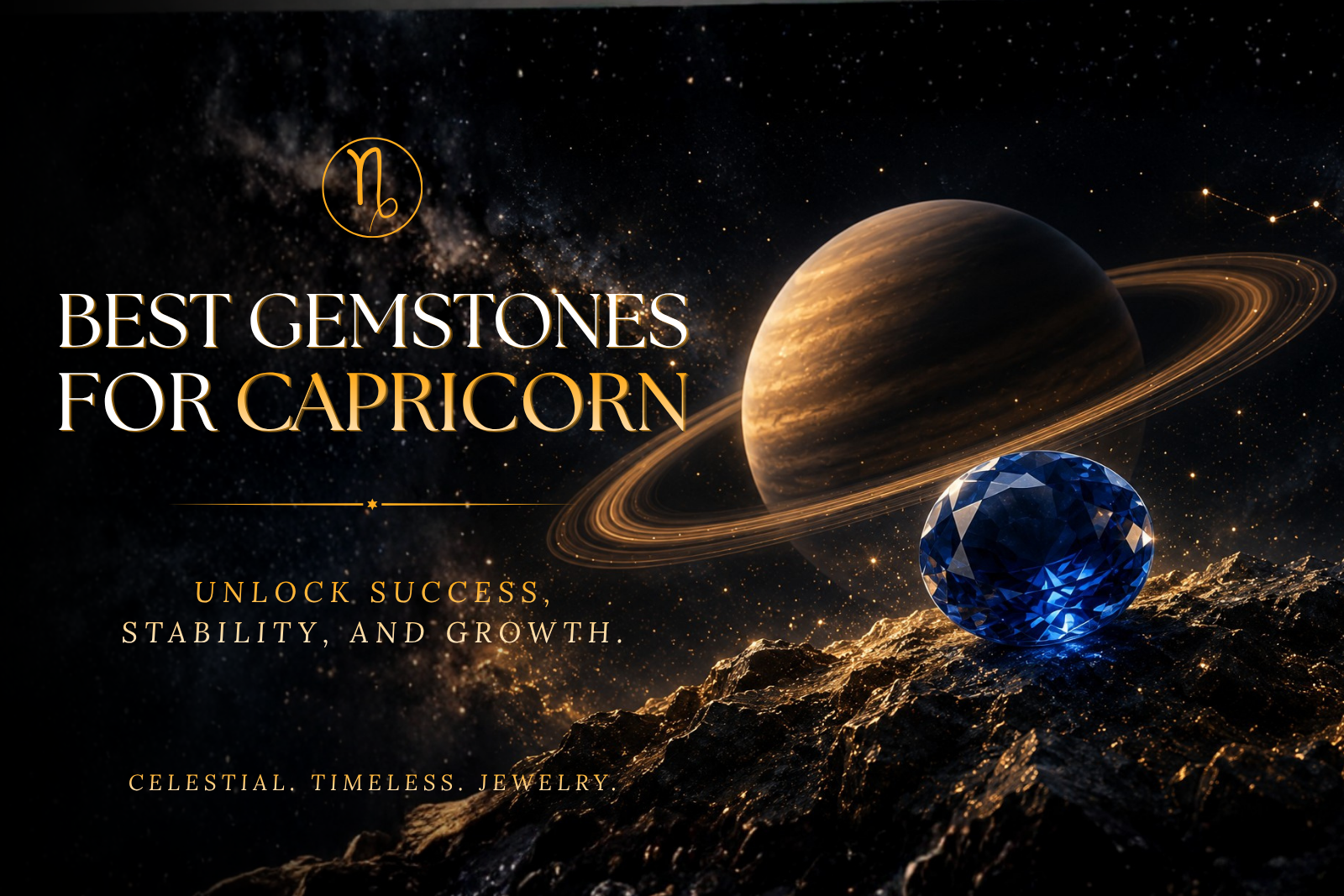 Best gemstones for Capricorn featuring a Blue Sapphire gemstone, Capricorn zodiac symbol, Saturn, and a celestial starry background