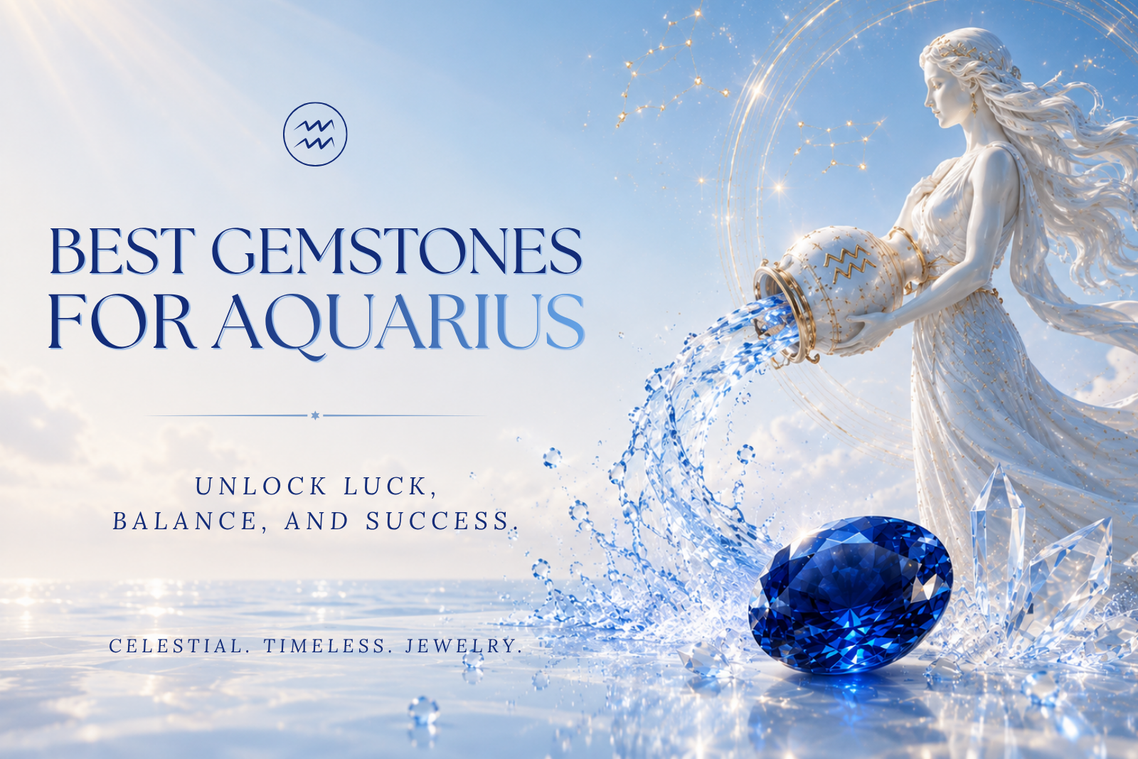Best gemstones for Aquarius featuring a Blue Sapphire gemstone, Aquarius zodiac symbol, water bearer, and celestial background