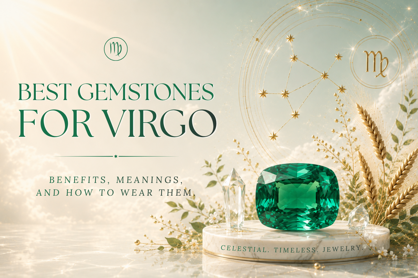 Best gemstones for Virgo featuring a green Emerald gemstone, Virgo zodiac symbol, constellation, and celestial background