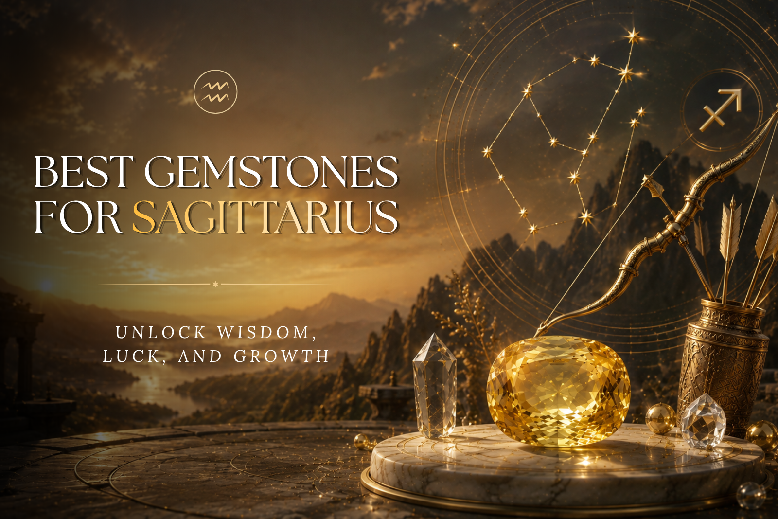 Best gemstones for Sagittarius featuring a yellow Sapphire gemstone, Sagittarius zodiac symbol, archer, and celestial background