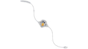 A delicate white gold bracelet featuring an owl charm with a yellow sapphire centrepiece and small clear stones, shown on a plain white background.