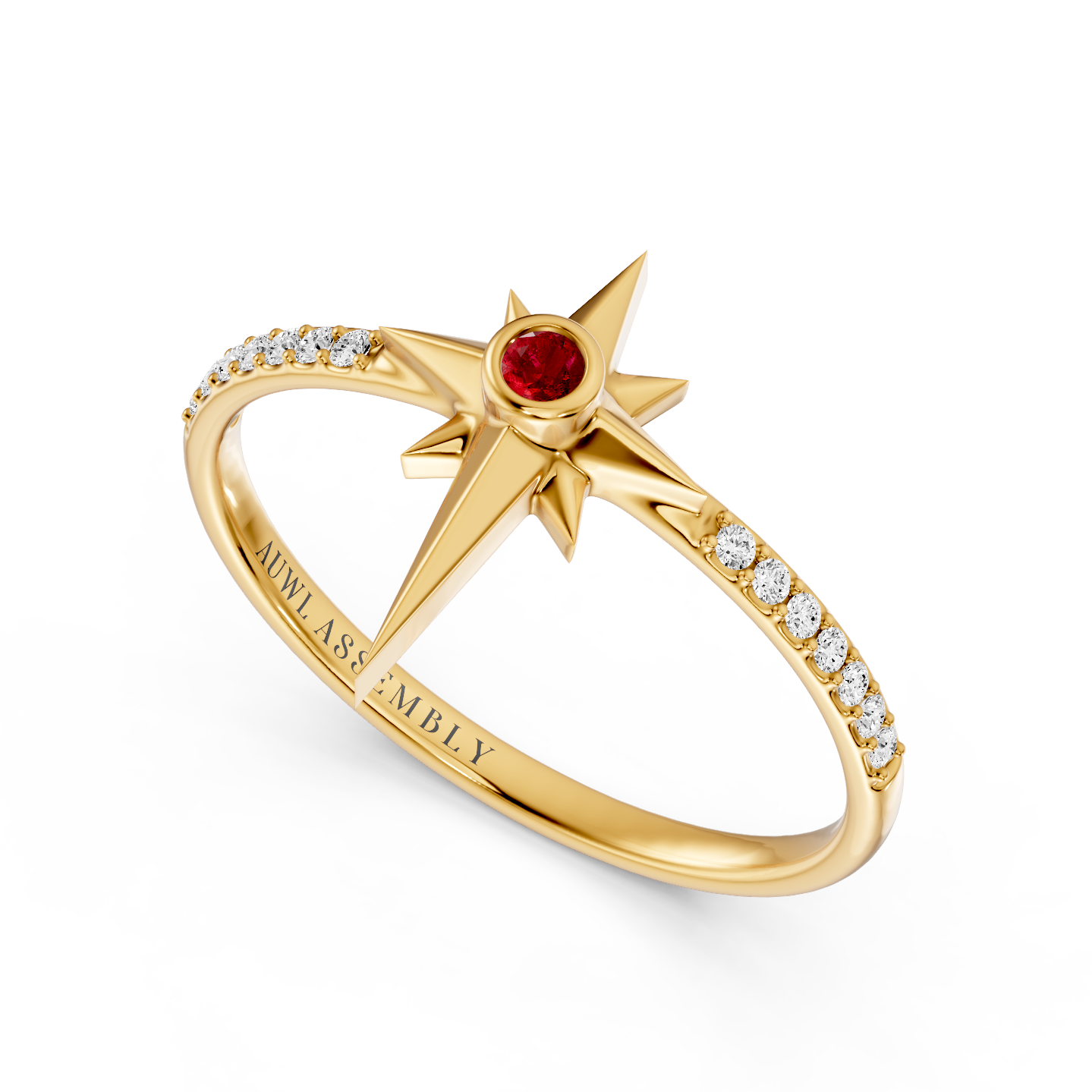A yellow gold ring featuring a starburst design with a central round ruby gemstone and a pavé band set with small clear stones. The inside of the band is engraved with 'AUWL ASSEMBLY'.