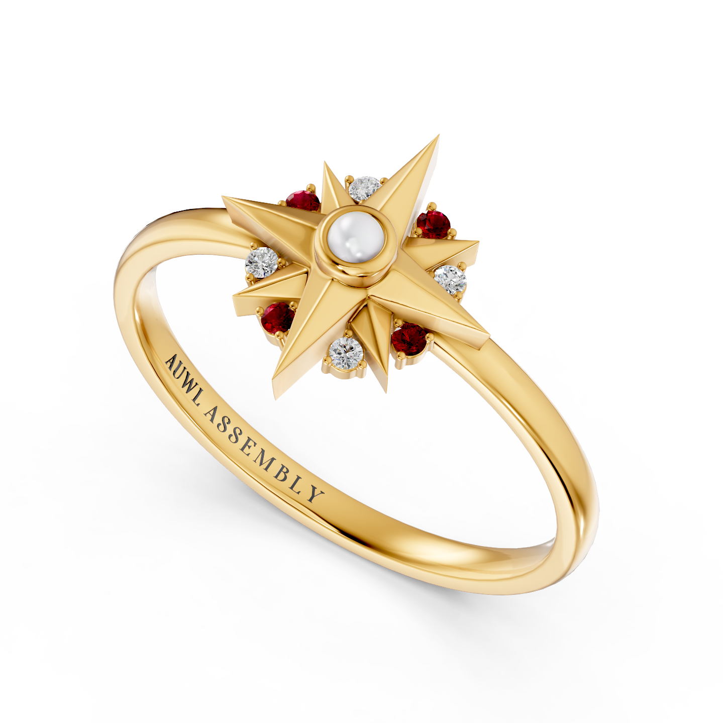 A yellow gold starburst ring with a central white pearl, small clear stones, and red gemstone accents, shown on a clean white background. The inside of the band is engraved with 'AUWL ASSEMBLY'.