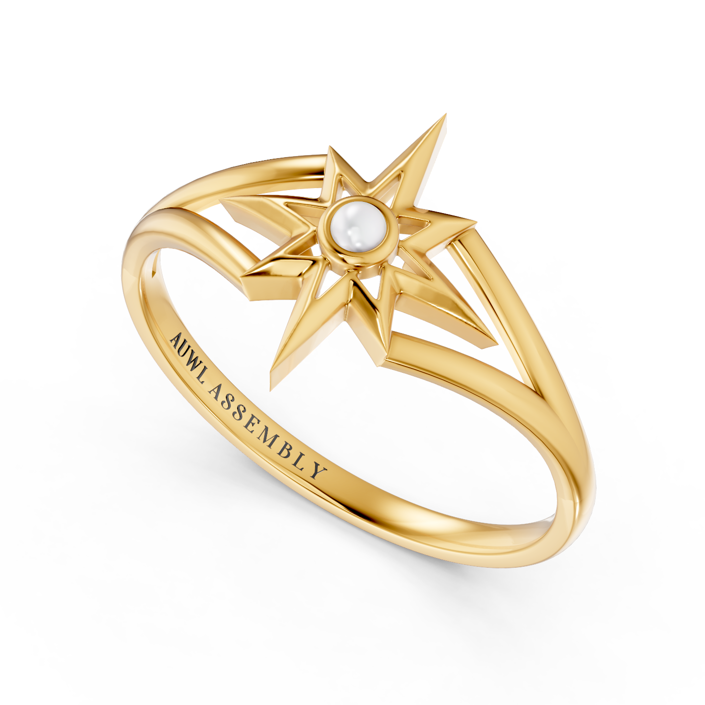 A yellow gold ring featuring a stylized multi-pointed star design with a small white pearl at the center, shown on a clean white background. The inside of the band is engraved with 'AUWL ASSEMBLY'