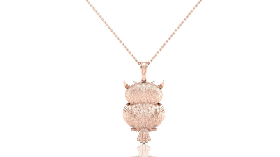 A rose gold pendant necklace featuring an owl design paved with diamond centre stones, suspended from a delicate matching chain against a solid white background.
