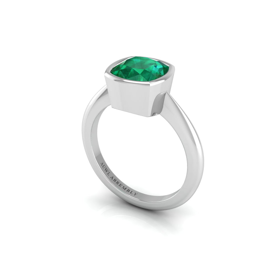 Emerald Solitaire Ring in Cushion Cut 18k white gold, Zodiac Birthstone Ring, designed for women, perfect astrology jewelry from Celestial Vibe collection at AUWL Assembly
