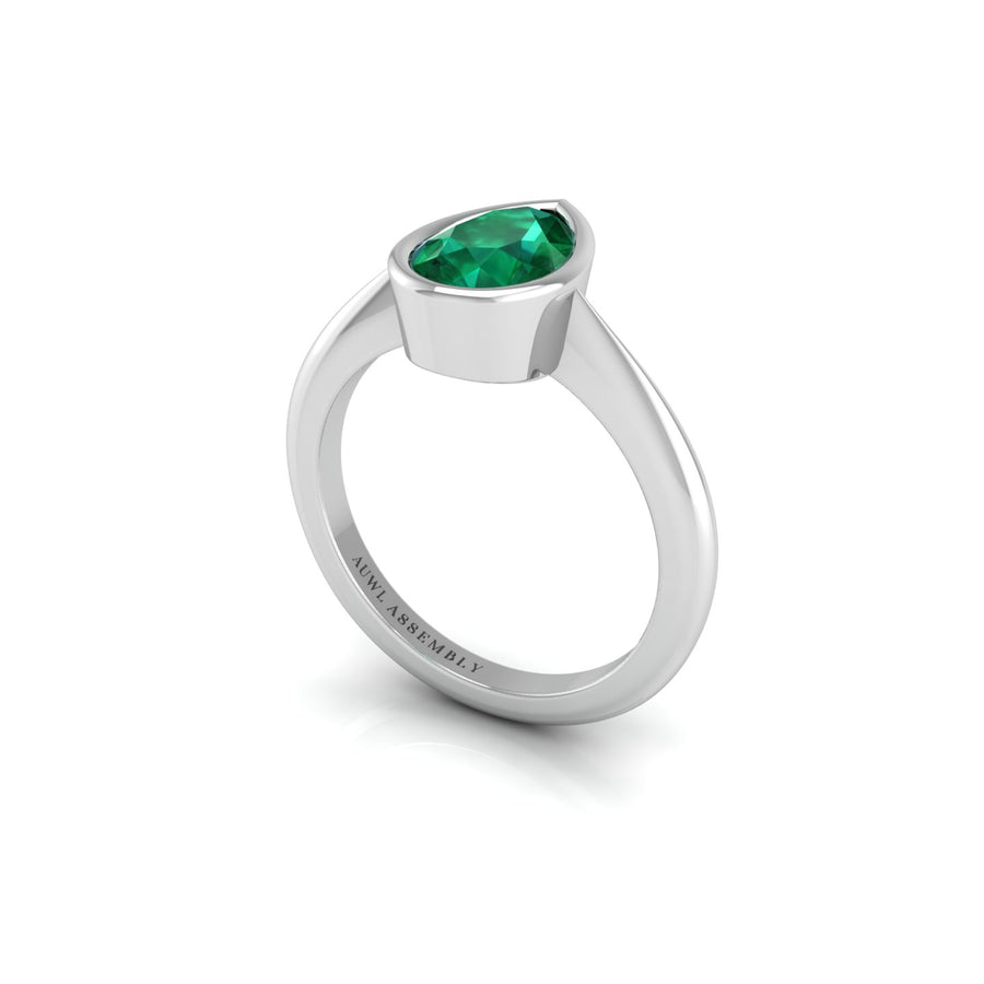 Emerald Solitaire Ring in Pear Cut 18k white gold, Zodiac Birthstone Ring, designed for women, perfect astrology jewelry from Celestial Vibe collection at AUWL Assembly