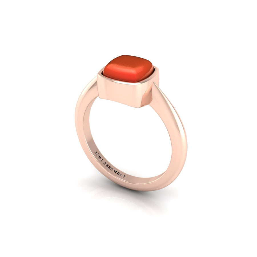Red Coral Solitaire Ring in Cushion Cut 18k rose gold, Zodiac Birthstone Ring, designed for women, perfect astrology jewelry from Celestial Vibe collection at AUWL Assembly