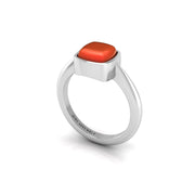 Red Coral Solitaire Ring in Cushion Cut 18k white gold, Zodiac Birthstone Ring, designed for women, perfect astrology jewelry from Celestial Vibe collection at AUWL Assembly