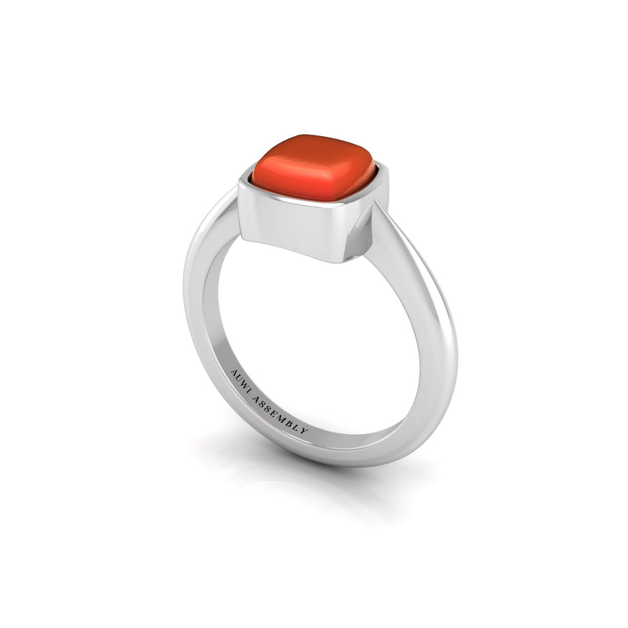 Red Coral Solitaire Ring in Cushion Cut 18k white gold, Zodiac Birthstone Ring, designed for women, perfect astrology jewelry from Celestial Vibe collection at AUWL Assembly