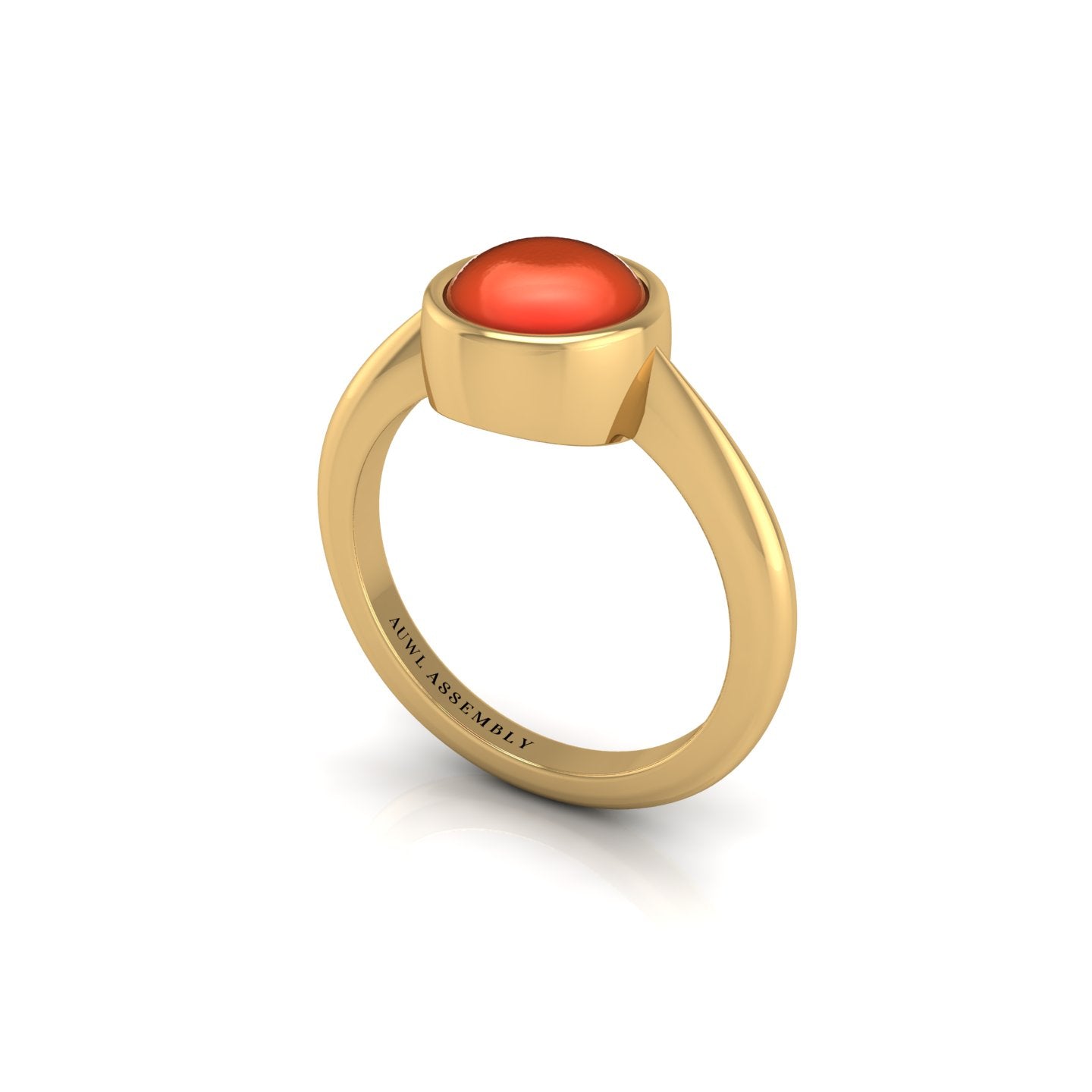 Red Coral Solitaire Ring in Round Cut 18k yellow gold, Zodiac Birthstone Ring, designed for women, perfect astrology jewelry from Celestial Vibe collection at AUWL Assembly