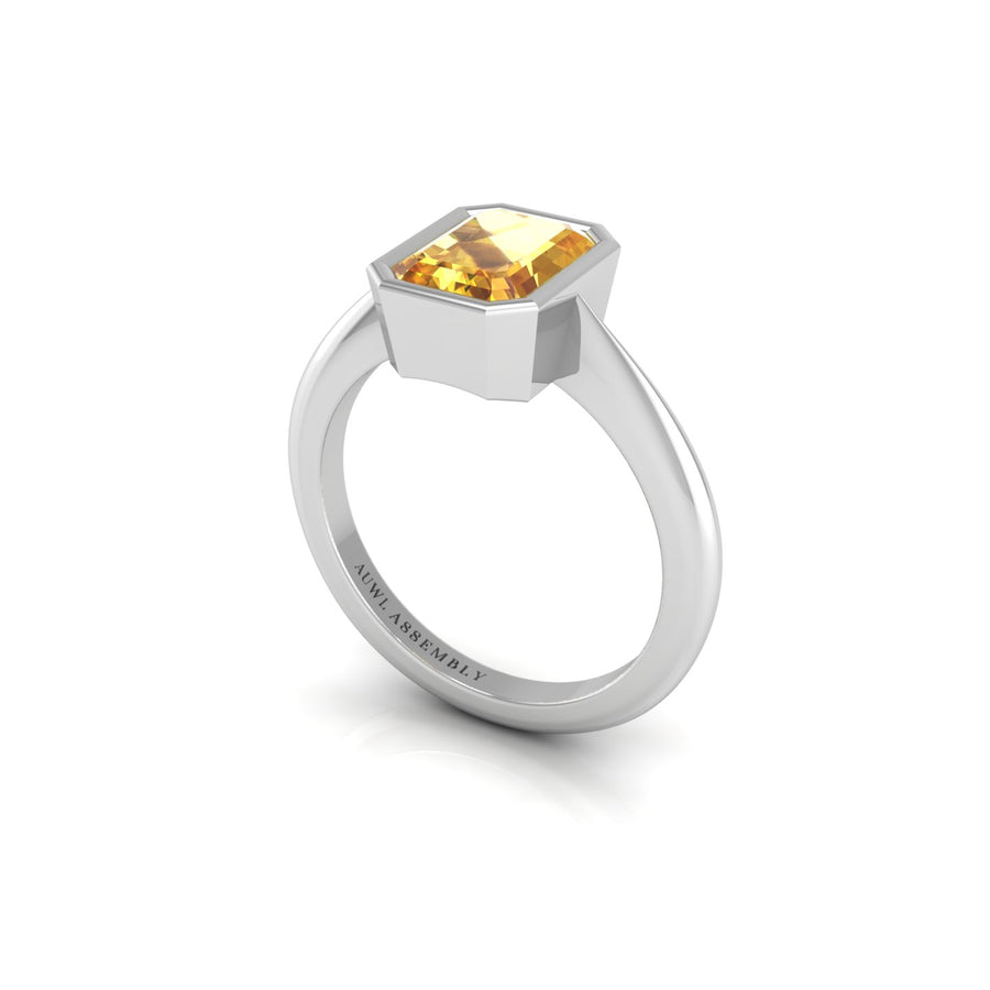 Yellow Sapphire Solitaire Ring in Emerald Cut 18k white gold, Zodiac Birthstone Ring, designed for women, perfect astrology jewelry from Celestial Vibe collection at AUWL Assembly