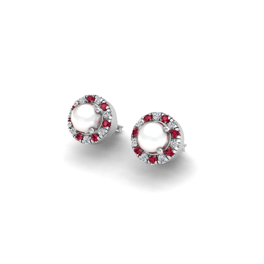 Pearl-Ruby Stud Earrings in Round Cut 18k white gold, Zodiac Birthstone Ring, designed for women, perfect astrology jewelry from Celestial Vibe collection at AUWL assembly