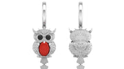 White Gold owl-shaped earrings with red coral gemstone on a white background