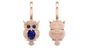 Rose gold owl-shaped earrings with Blue sapphire gemstones on a white background