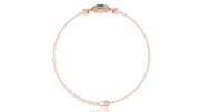 A delicate rose gold chain bracelet with a small oval green gemstone centerpiece and matching rose gold links, displayed on a clean white background.