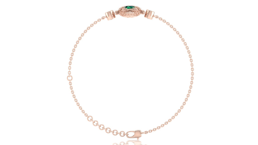 A delicate rose gold chain bracelet with a small oval green gemstone centerpiece and matching rose gold links, displayed on a clean white background.