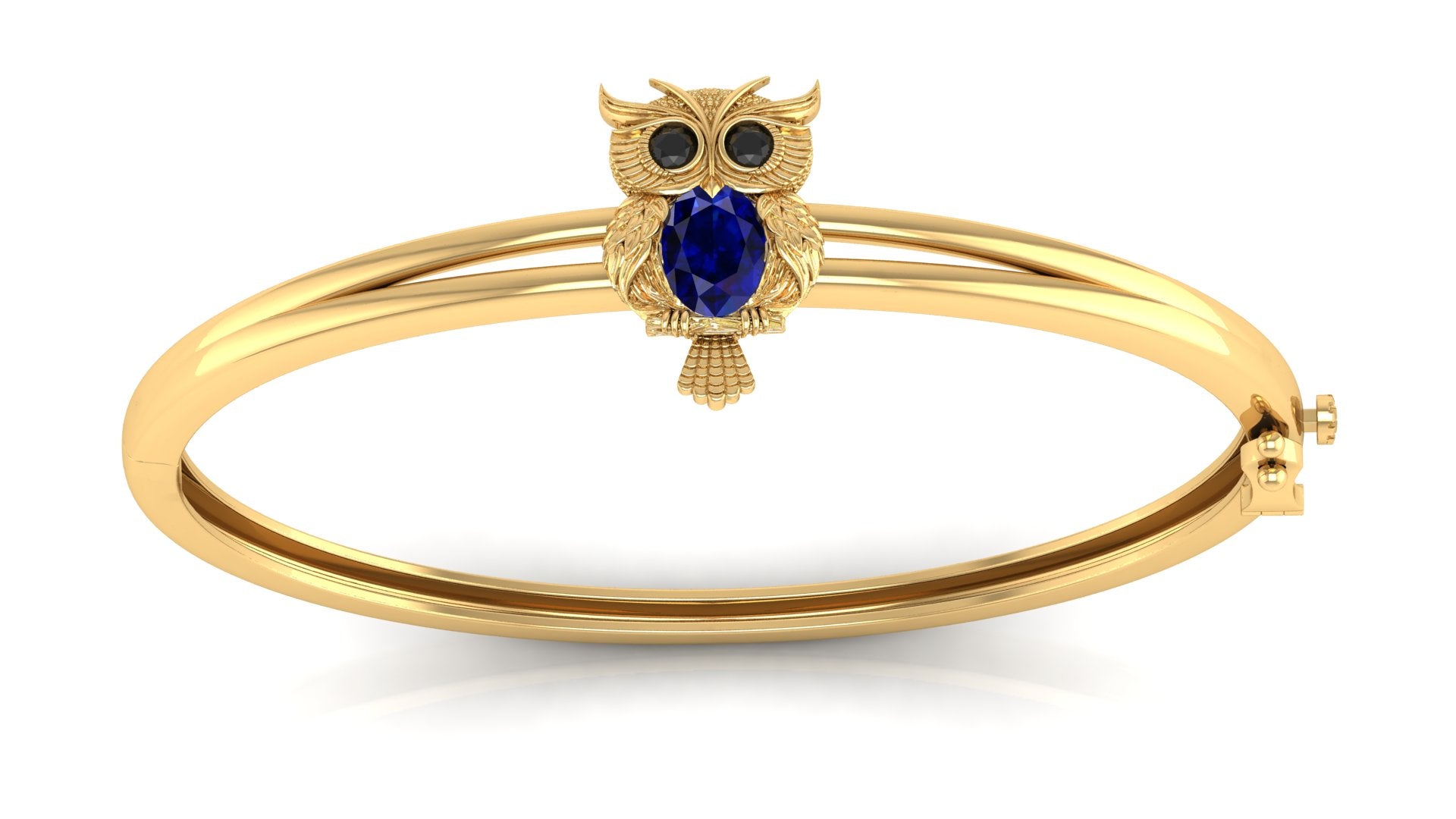 A yellow gold hinged bangle bracelet with a blue sapphire gemstone at the top, shown on a plain white background with a subtle reflection.