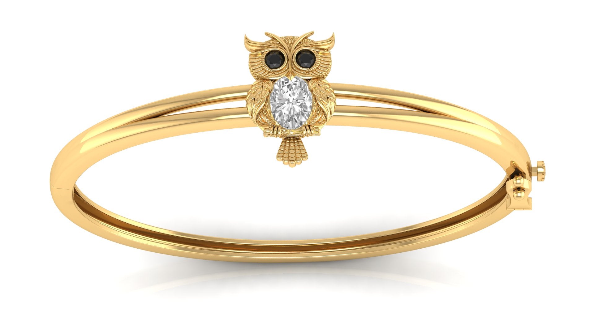 A gold bangle bracelet featuring a small owl charm with black gemstone eyes and a central Diamond gemstone, shown on a plain white background.