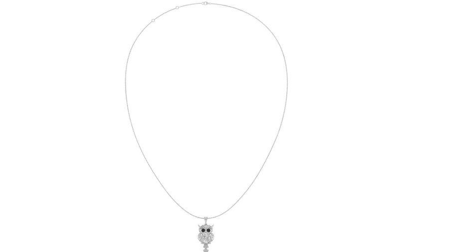 A delicate white gold necklace featuring an owl pendant, shown against a plain white background.