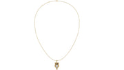 A delicate gold chain necklace featuring a small owl pendant with a white and gold design, displayed against a solid white background.