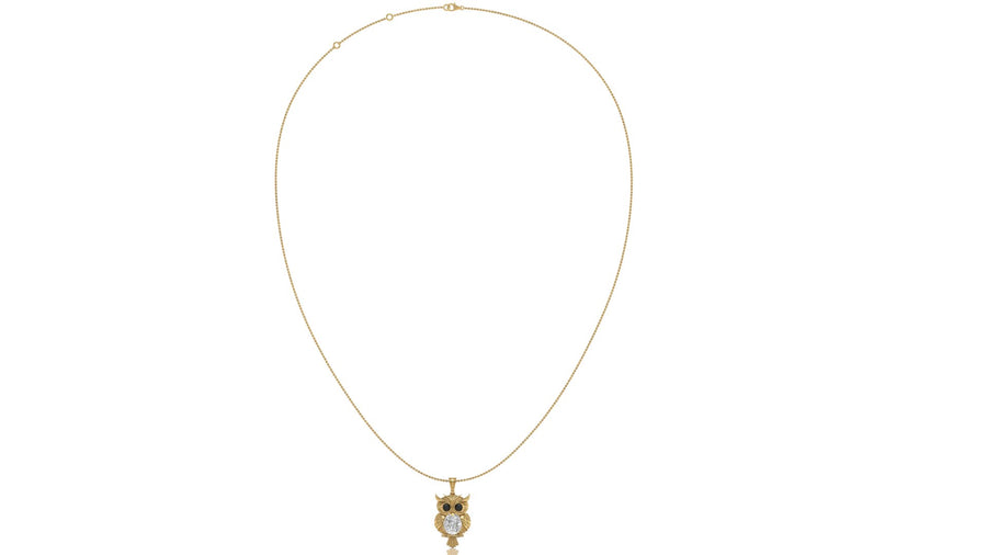 A delicate gold chain necklace featuring a small owl pendant with a white and gold design, displayed against a solid white background.