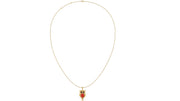 A delicate gold chain necklace featuring a small owl pendant with a red coral centrestone and yellow beak, displayed against a solid white background.