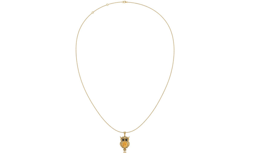 A delicate gold chain necklace featuring a small owl pendant with gold and dark detailing, displayed against a solid white background.