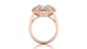 Rose gold ring with a diamond gemstone on a white background