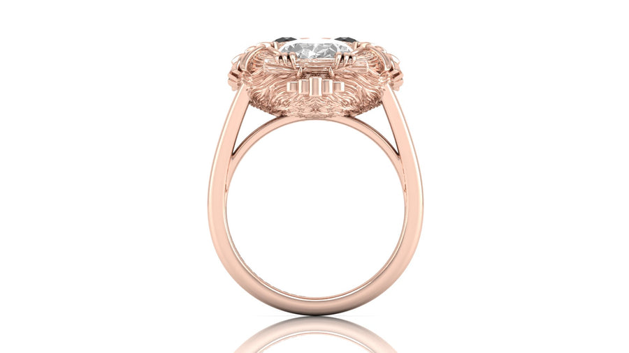 Rose gold ring with a diamond gemstone on a white background