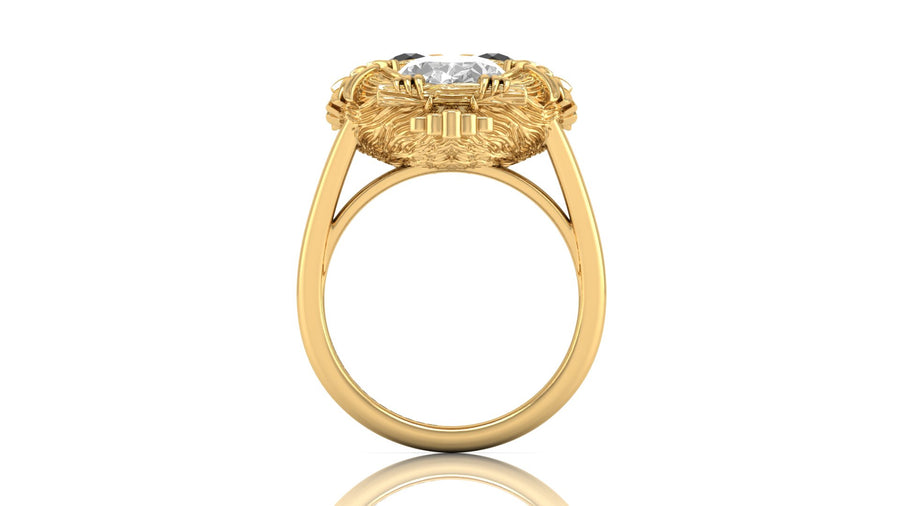 Gold ring with a diamond gemstone on a white background